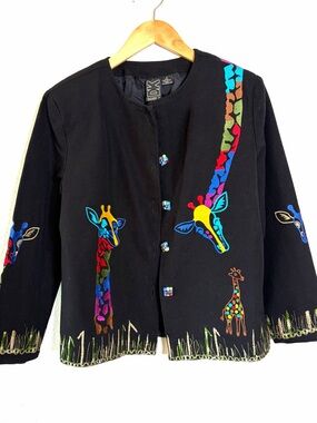 Daniel K art to wear gallerycore Black Jacket Multicolor Giraffe Appliqué S